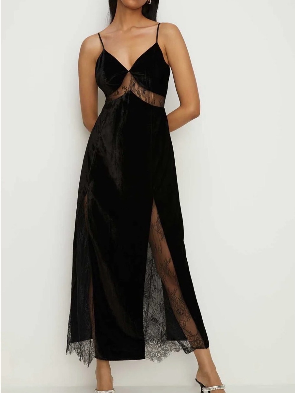 Oasis Velvet Maxi Dress With Lace Inserts, size US6/UK10